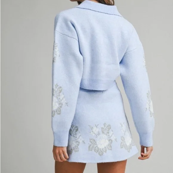 Pink Floral Jacquard Crop Sweater And Skirt Set - Picture 14 of 16